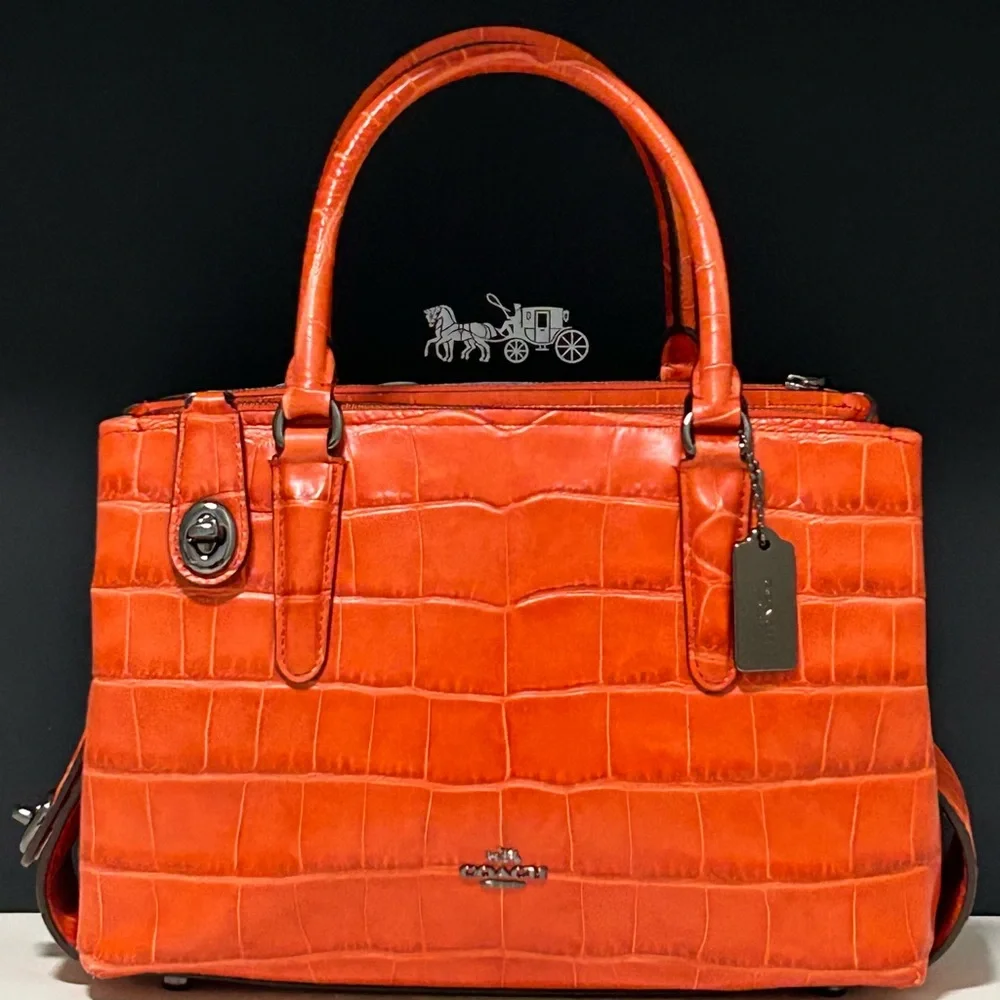 COACH Brooklyn 28 Leather Croc Embossed Satchel/Crossbody Bag in Deep Coral_2
